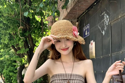 Plaid Tube Top with Asymmetrical Tie Waist