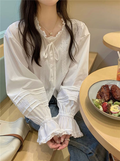 Stand Collar Lace Panel Crop Blouse Long Sleeve