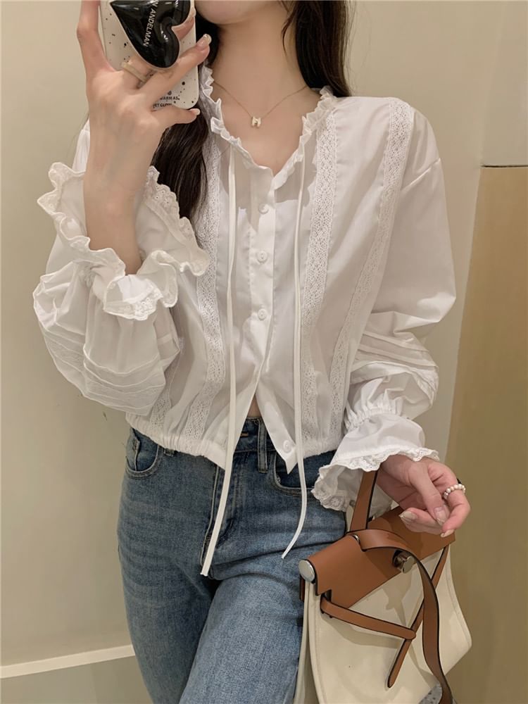 Stand Collar Lace Panel Crop Blouse Long Sleeve