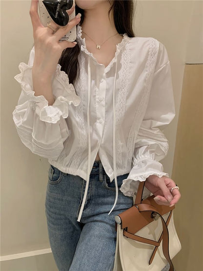 Stand Collar Lace Panel Crop Blouse Long Sleeve