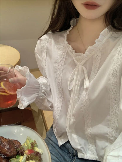 Stand Collar Lace Panel Crop Blouse Long Sleeve