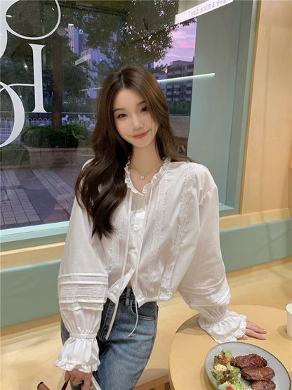 Stand Collar Lace Panel Crop Blouse Long Sleeve