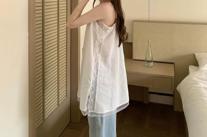 Lace Panel Slit Tunic Spaghetti Strap