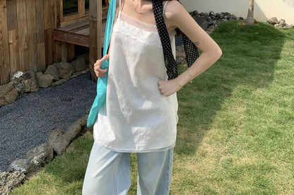 Lace Panel Slit Tunic Spaghetti Strap