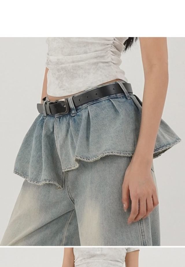 Mid Rise Washed Skirt Overlay Baggy Jeans