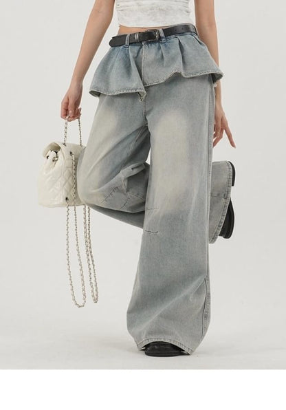Mid Rise Washed Skirt Overlay Baggy Jeans