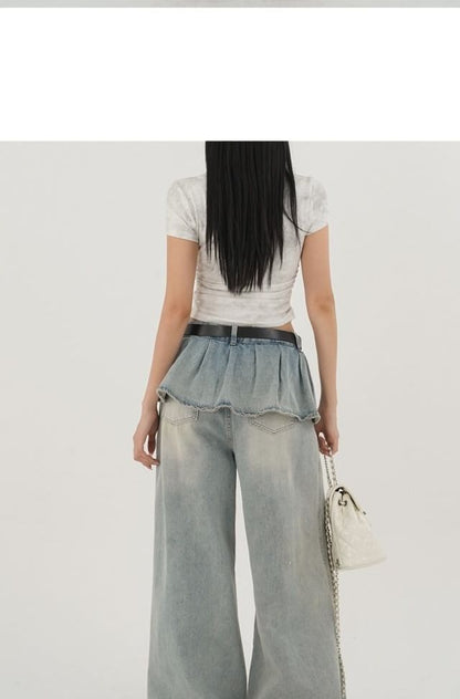 Mid Rise Washed Skirt Overlay Baggy Jeans