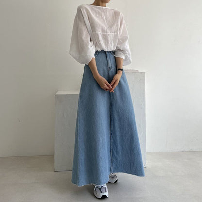 Mid Rise Washed Denim Maxi A-Line Skirt
