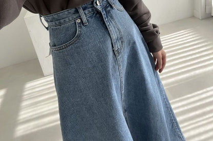 Mid Rise Washed Denim Maxi A-Line Skirt