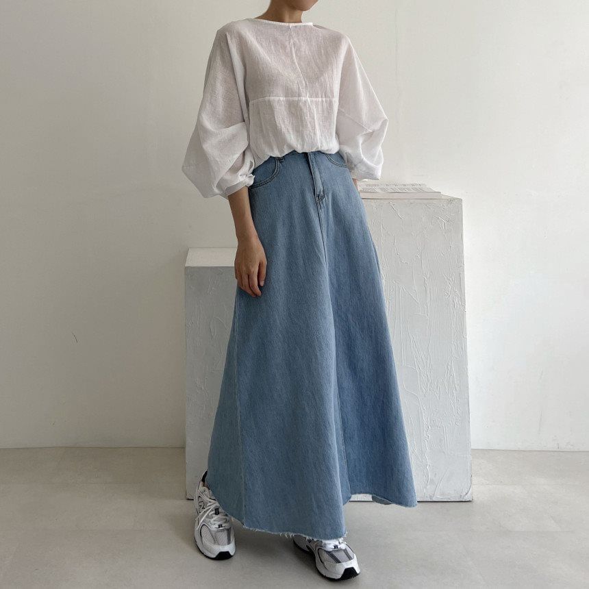 Mid Rise Washed Denim Maxi A-Line Skirt