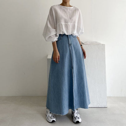Mid Rise Washed Denim Maxi A-Line Skirt
