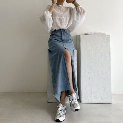 Mid Rise Washed Denim Maxi A-Line Skirt