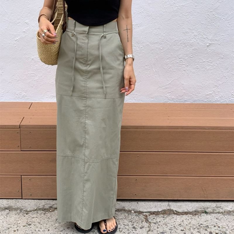 High Waist Plain Cargo Maxi Pencil Skirt