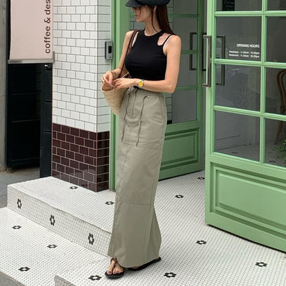 High Waist Plain Cargo Maxi Pencil Skirt