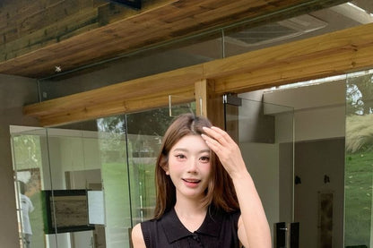 Sleeveless Collared Knit Top / Mini A-Line Skirt