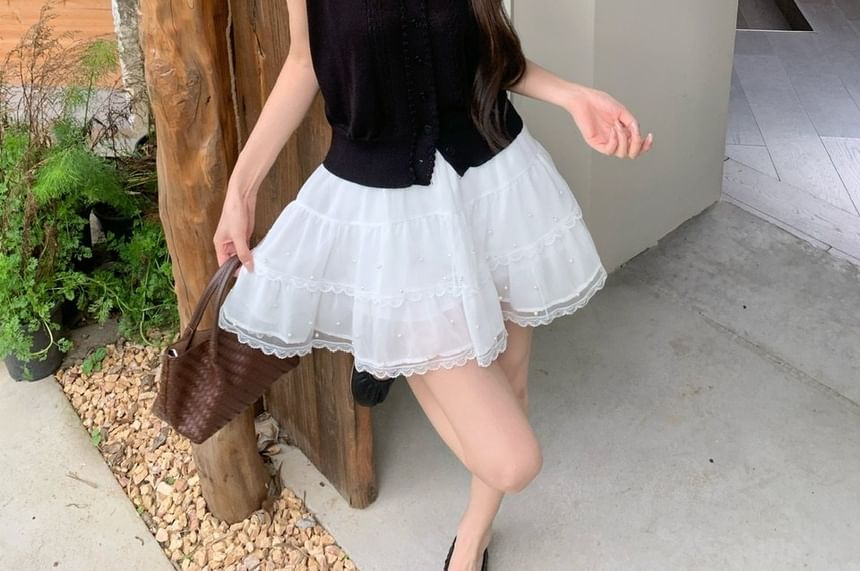 Sleeveless Collared Knit Top / Mini A-Line Skirt