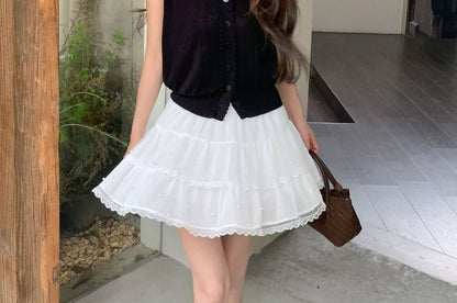 Sleeveless Collared Knit Top / Mini A-Line Skirt