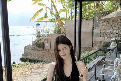 Halter Neck Plain Knit Top / Dotted Asymmetrical A-Line Skirt