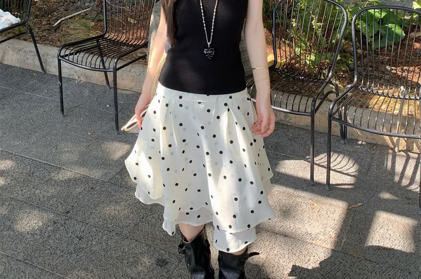 Halter Neck Plain Knit Top / Dotted Asymmetrical A-Line Skirt