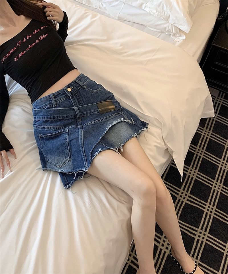 Mid Waist Denim Mini Overlay Skirt