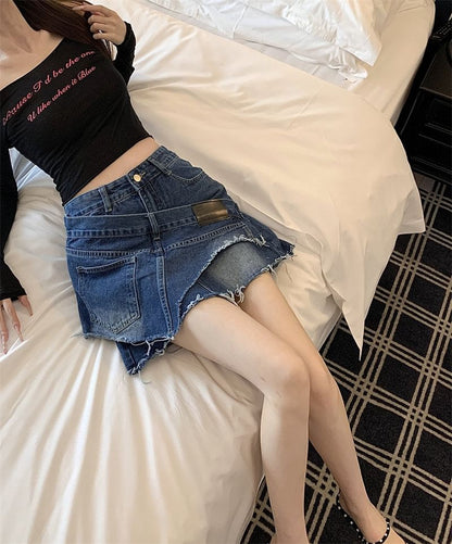 Mid Waist Denim Mini Overlay Skirt