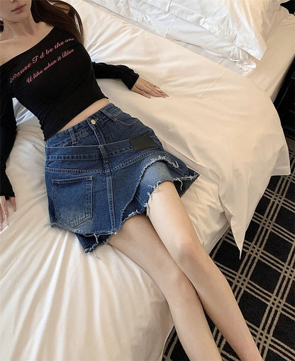 Mid Waist Denim Mini Overlay Skirt