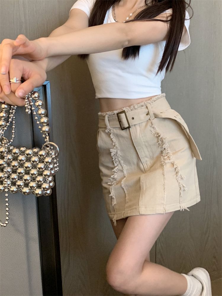 Belt Waist Denim Mini Skirt