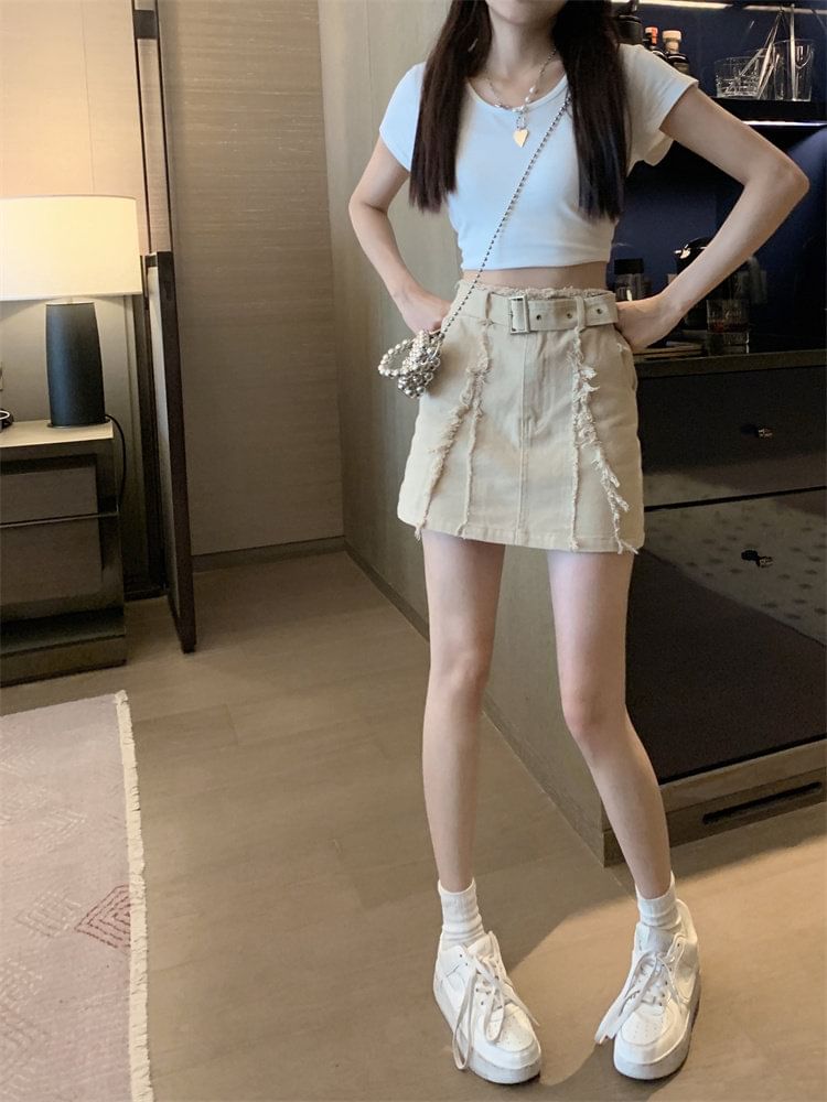 Belt Waist Denim Mini Skirt