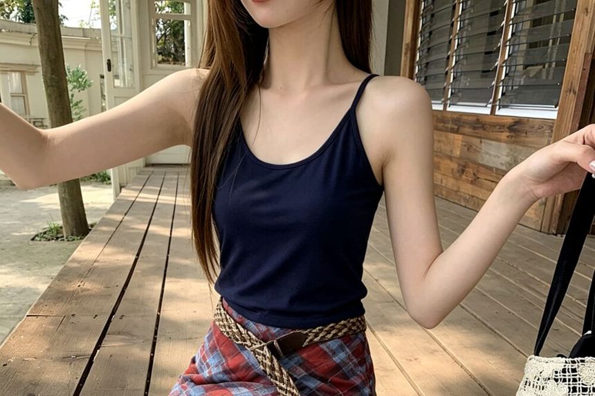 Set: Scoop Neck Plain Crop Camisole Top + High Waist Plaid Maxi A-Line Skirt