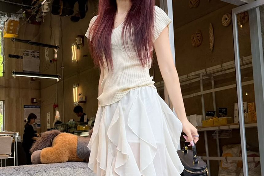 Elastic Waist Plain Asymmetrical Ruffle Mini A-Line Skirt