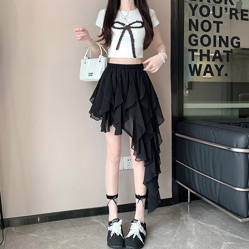 Elastic Waist Plain Asymmetrical Ruffle Mini A-Line Skirt
