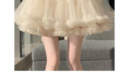 High Waist Plain Ruffle Tiered Mesh Mini A-Line Skirt