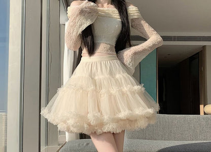 High Waist Plain Ruffle Tiered Mesh Mini A-Line Skirt