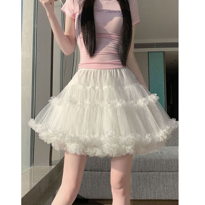 High Waist Plain Ruffle Tiered Mesh Mini A-Line Skirt