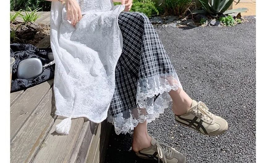 Short Sleeve Round Neck Plain Asymmetrical Long Lace Top / High Waist Plaid Panel Lace Maxi A-Line Skirt