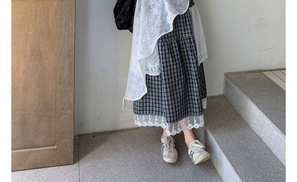 Short Sleeve Round Neck Plain Asymmetrical Long Lace Top / High Waist Plaid Panel Lace Maxi A-Line Skirt