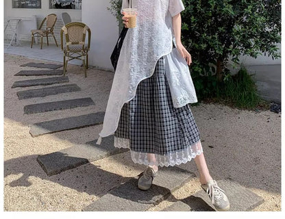 Short Sleeve Round Neck Plain Asymmetrical Long Lace Top / High Waist Plaid Panel Lace Maxi A-Line Skirt