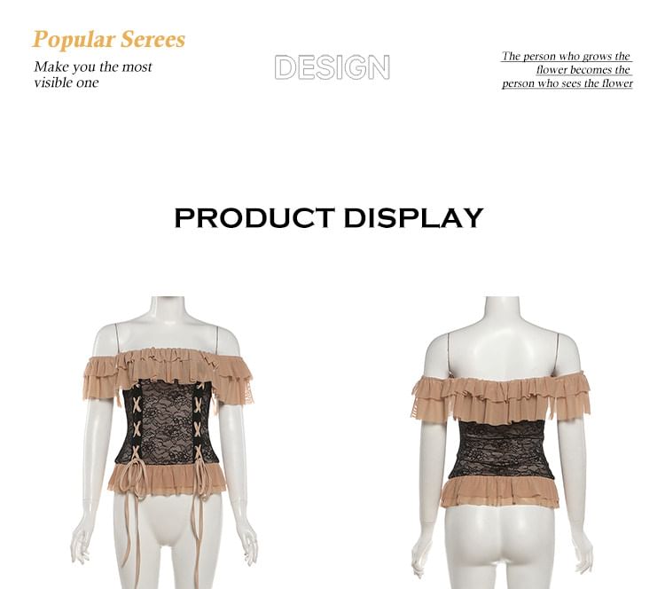 Off-Shoulder Ruffle Trim Lace Crop Top / High Waist Plain Layered High Low Pencil Skirt