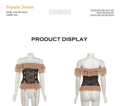 Off-Shoulder Ruffle Trim Lace Crop Top / High Waist Plain Layered High Low Pencil Skirt