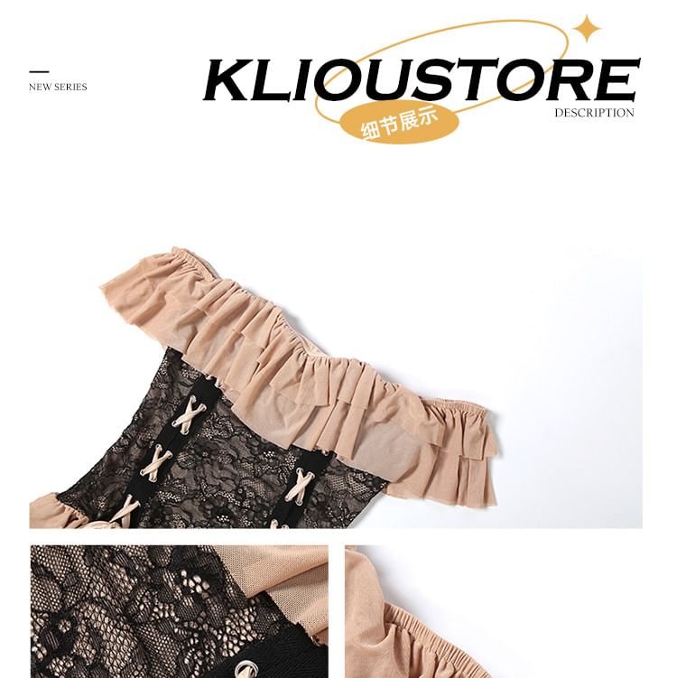 Off-Shoulder Ruffle Trim Lace Crop Top / High Waist Plain Layered High Low Pencil Skirt