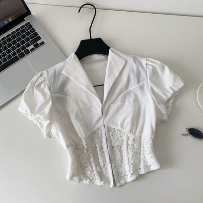 Short-Sleeve Lace Corset Crop Shirt
