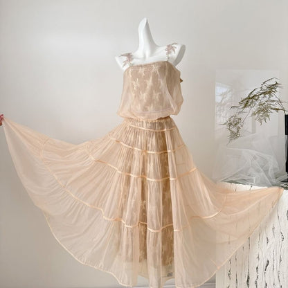 Set: Lace Crop Camisole Top + High Waist Maxi A-Line Skirt