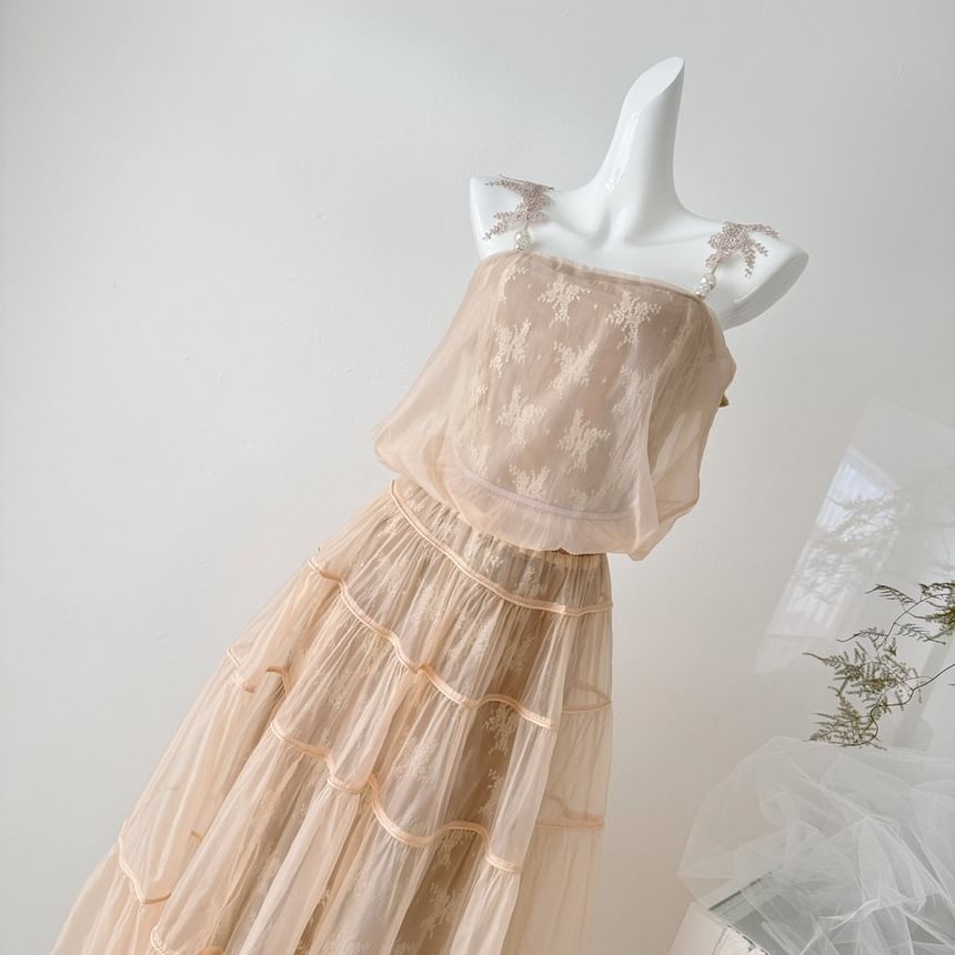 Set: Lace Crop Camisole Top + High Waist Maxi A-Line Skirt