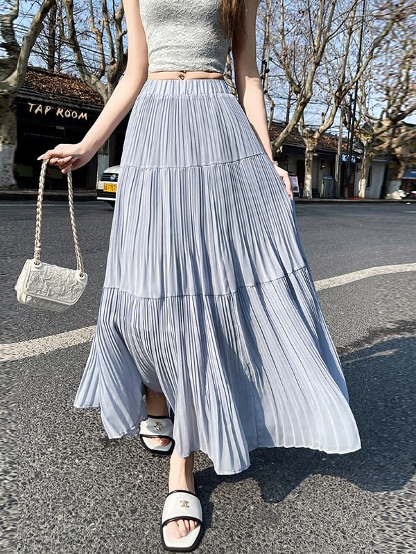 Elastic Waist Plain Tiered Chiffon Maxi A-Line Skirt