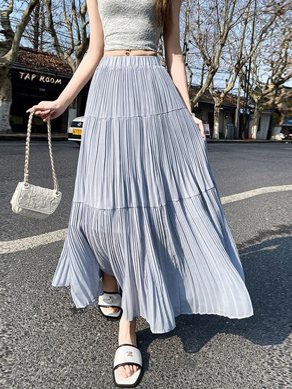 Elastic Waist Plain Tiered Chiffon Maxi A-Line Skirt