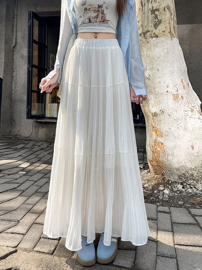 Elastic Waist Plain Tiered Chiffon Maxi A-Line Skirt