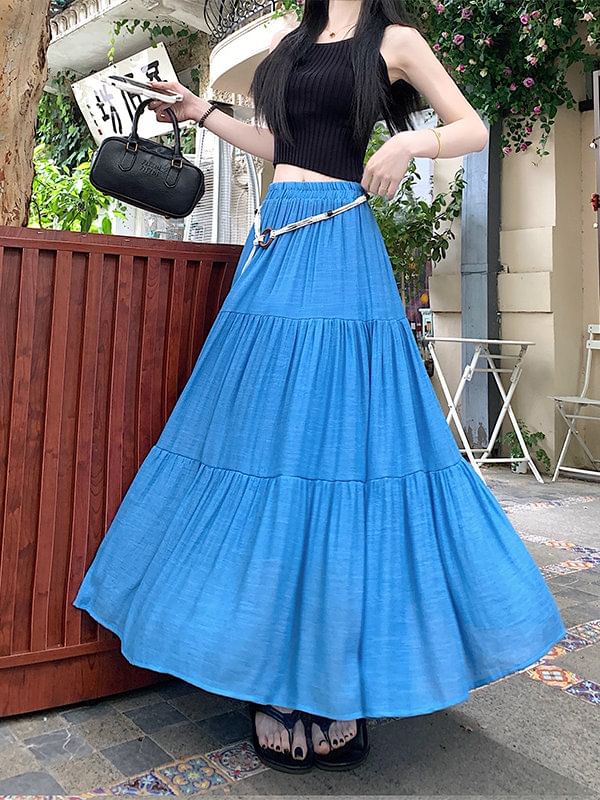 Elastic Waist Plain Tiered Maxi A-Line Skirt