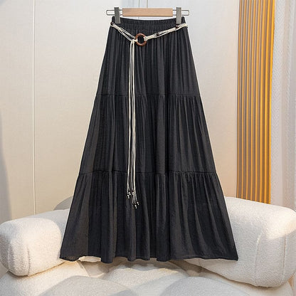 Elastic Waist Plain Tiered Maxi A-Line Skirt