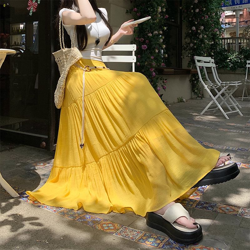 Elastic Waist Plain Tiered Maxi A-Line Skirt