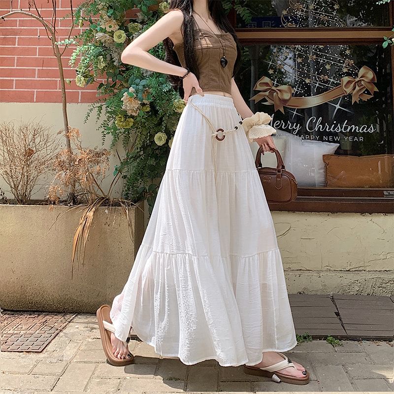 Elastic Waist Plain Tiered Maxi A-Line Skirt